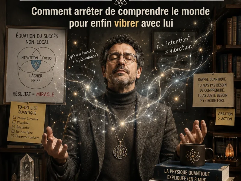 Coach en mysticisme quantique pratiquant l’alignement subatomique dans un bureau rempli de livres de développement personnel, neurosciences et spiritualité vibratoire