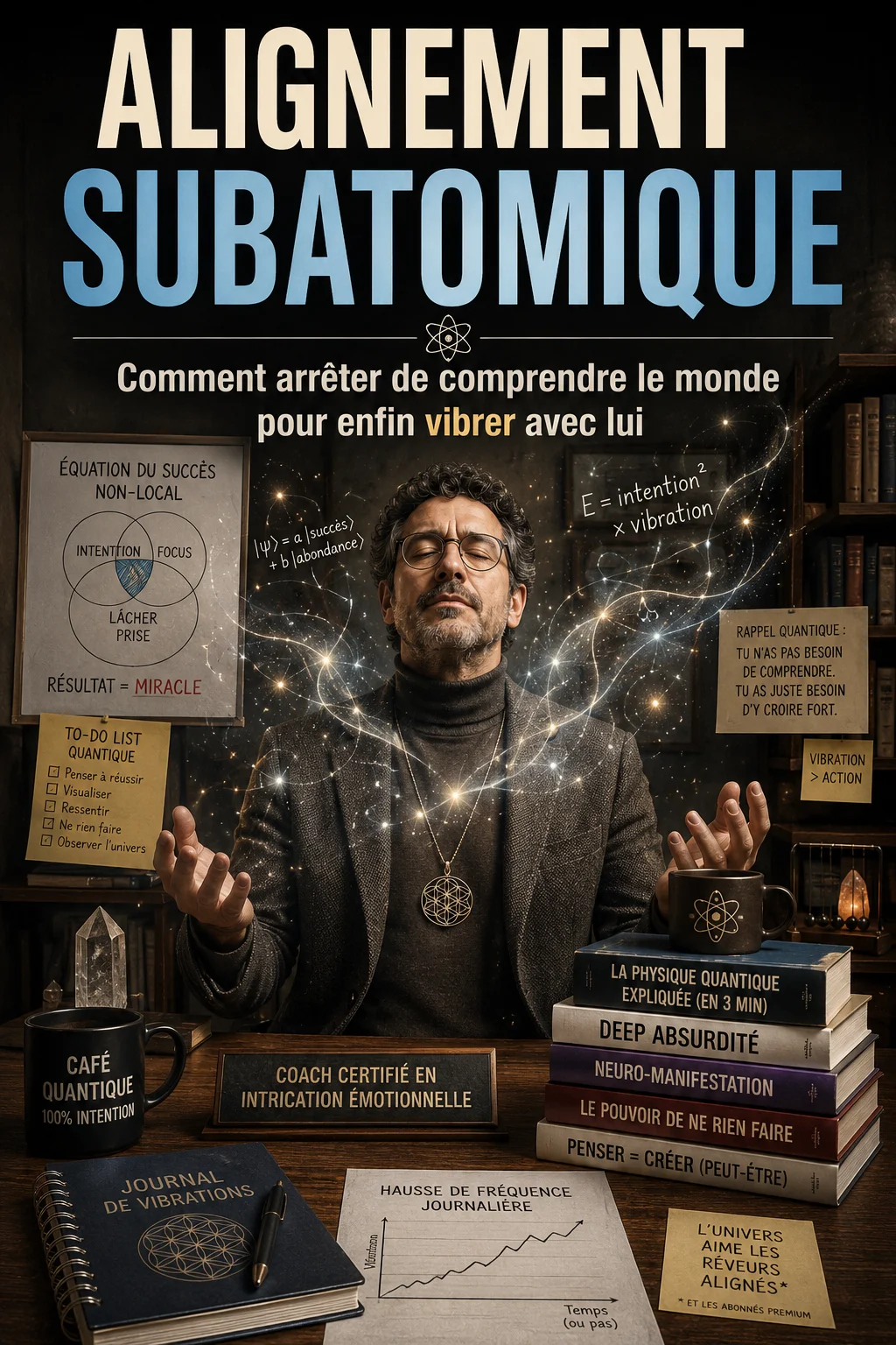 Coach en mysticisme quantique pratiquant l’alignement subatomique dans un bureau rempli de livres de développement personnel, neurosciences et spiritualité vibratoire